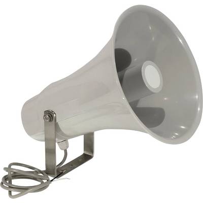 Een witte megafoon-luidspreker met kabel en metalen bevestiging, geschikt voor luide omroepen of waarschuwingen.