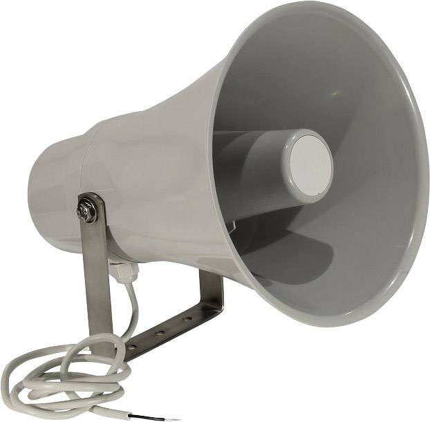 Grijs-witte megafoon-luidspreker met metalen bevestiging en kabel.