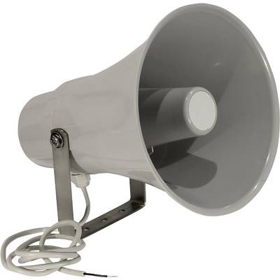 Grijs-witte megafoon-luidspreker met metalen bevestiging en kabel.