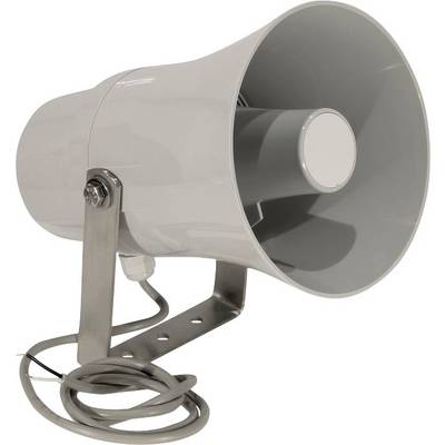 Een grijze luidspreker met bevestigingsbeugel en kabel, geschikt voor montage aan wanden of plafonds.