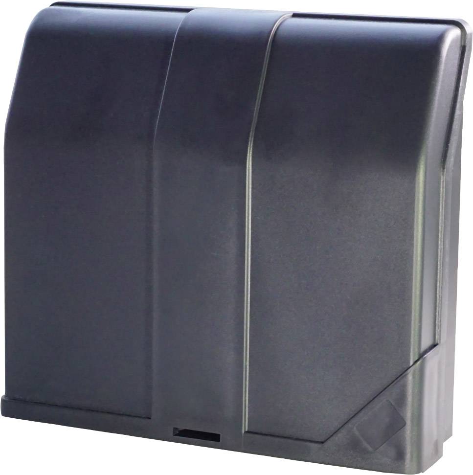Een zwart, rechthoekig kunststof behuizing met een gladde oppervlakte en verticale groeven aan de voorkant.