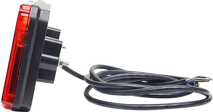 Zijaanzicht van een rechthoekige, rode achterlicht met kabel. Geschikt voor voertuigen, biedt zichtbaarheid en veiligheid in het verkeer.