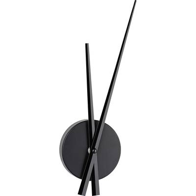 Zwarte moderne wandklok met minimalistische wijzers, zonder wijzerplaat.