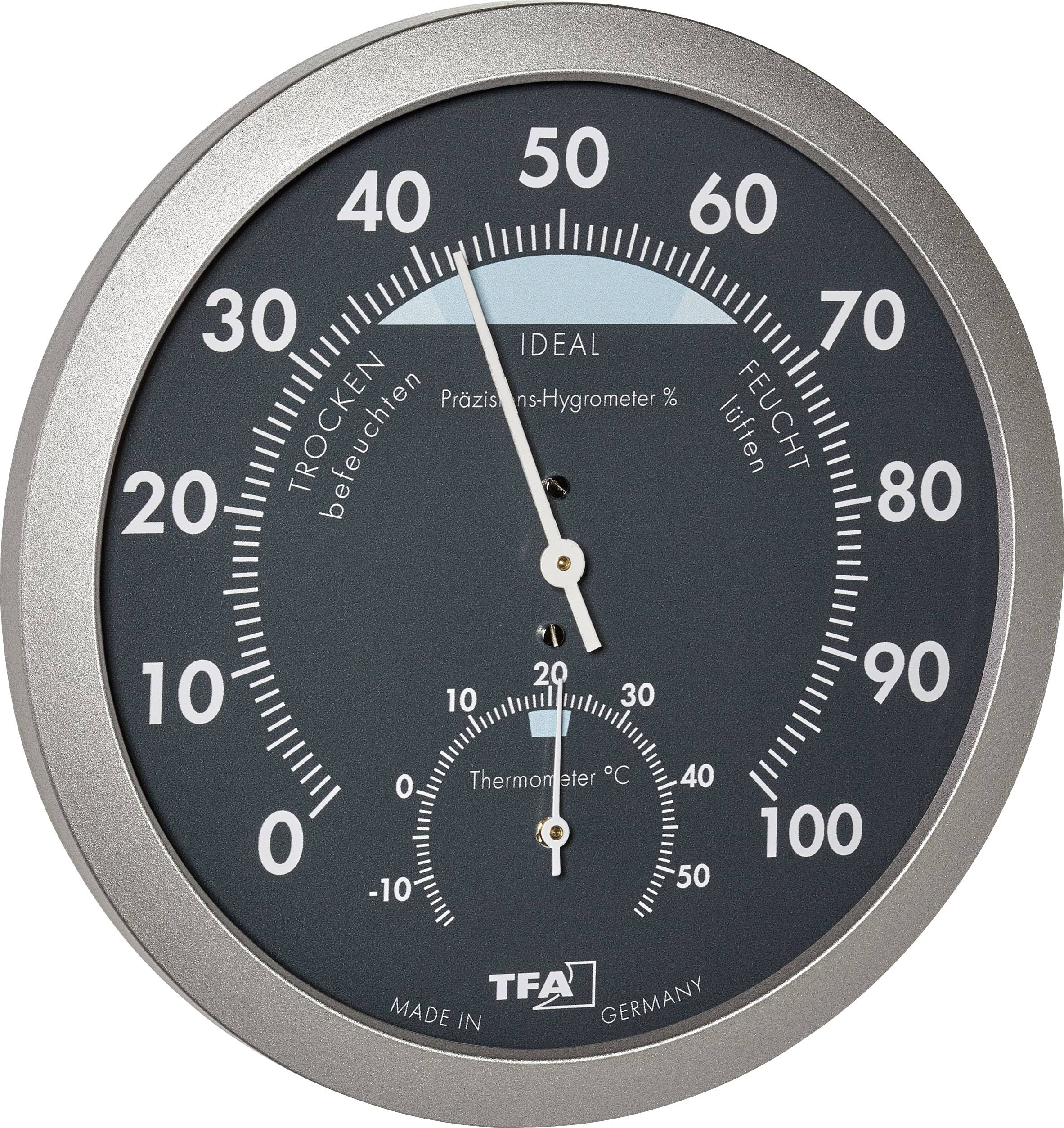 Ronde analoge hygrometer met schaal van 0 tot 100 voor vochtigheid, toont 57%. Geïntegreerde thermometer geeft 20 °C aan.