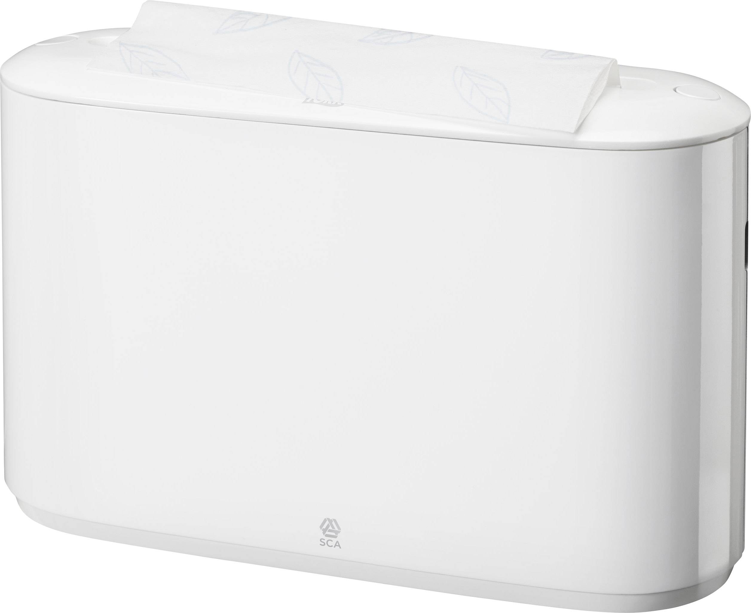 Een witte handdoekdispenser met een uitgetrokken papieren handdoek aan de bovenkant.