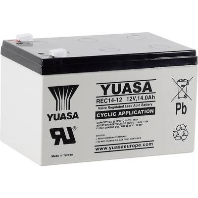 Yuasa batterij, model REC14-12, 12V, 14Ah. Geschikt voor cyclische toepassingen. Zwarte bovenkant met aansluitingen, witte zijden met opdruk.