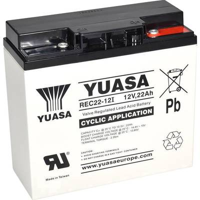 Batterij met etiket 'YUASA REC22-12I, 12V, 22Ah'. Geschikt voor cyclisch gebruik, VRLA loodaccu. Symbolen en specificaties zichtbaar.