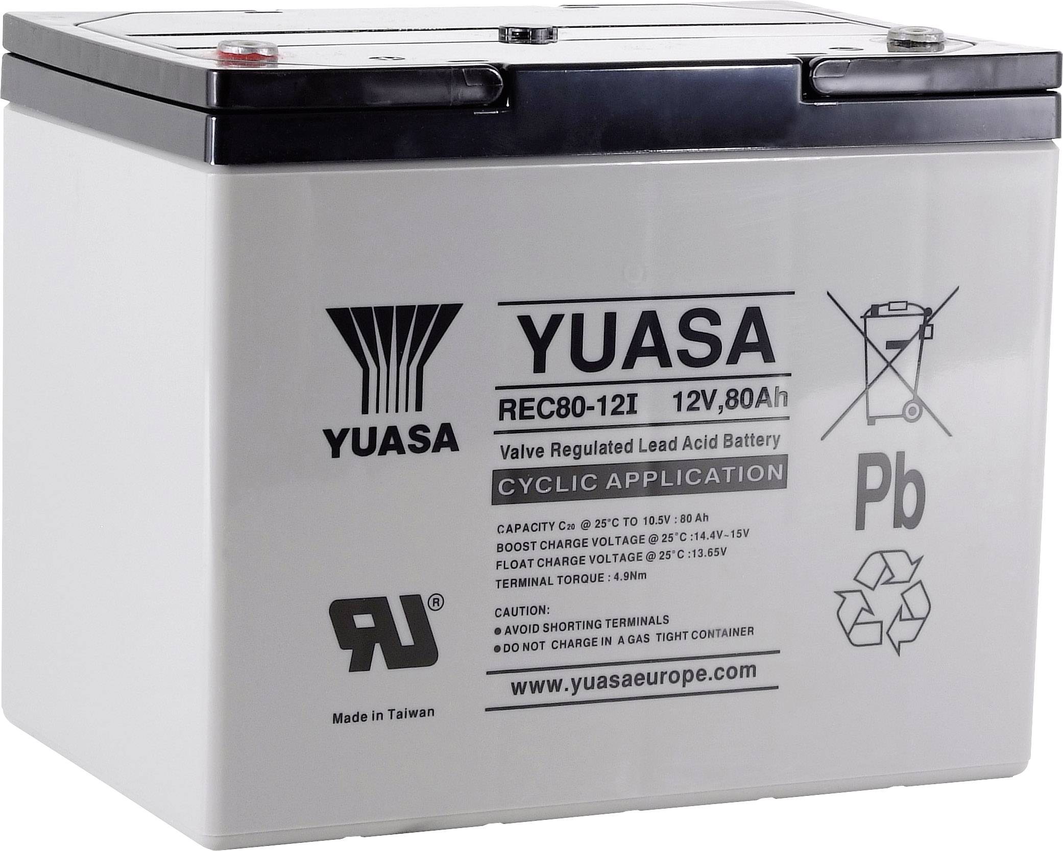 Een Yuasa lood-zuur-accu van 12V en 80Ah capaciteit, geschikt voor cyclische toepassingen, geproduceerd in Taiwan.