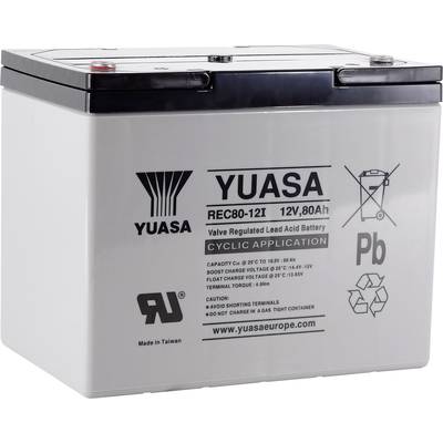 Een Yuasa lood-zuur-accu van 12V en 80Ah capaciteit, geschikt voor cyclische toepassingen, geproduceerd in Taiwan.