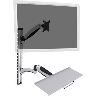 Een in hoogte verstelbare monitorarm met geïntegreerd toetsenbordplateau, ontworpen voor ergonomische werkplekindrichting.