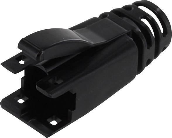 Zwarte plastic afdekking met stekeropening en kabelbevestiging.