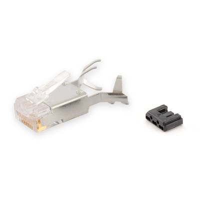 'Een RJ45-stekker-haai-tool' met een haaiendesign, dat wordt gebruikt voor het afwerken van Ethernet-kabels, naast een kleine zwarte clip.