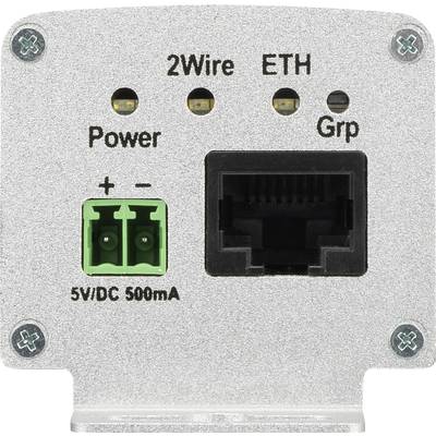 'Metaalplaat met aansluitingen: 2-draads, ETH, Voeding (+/-), Grp. Tekst: 5V/DC 500mA. Bevat Ethernet- en voedingsaansluitingen.'