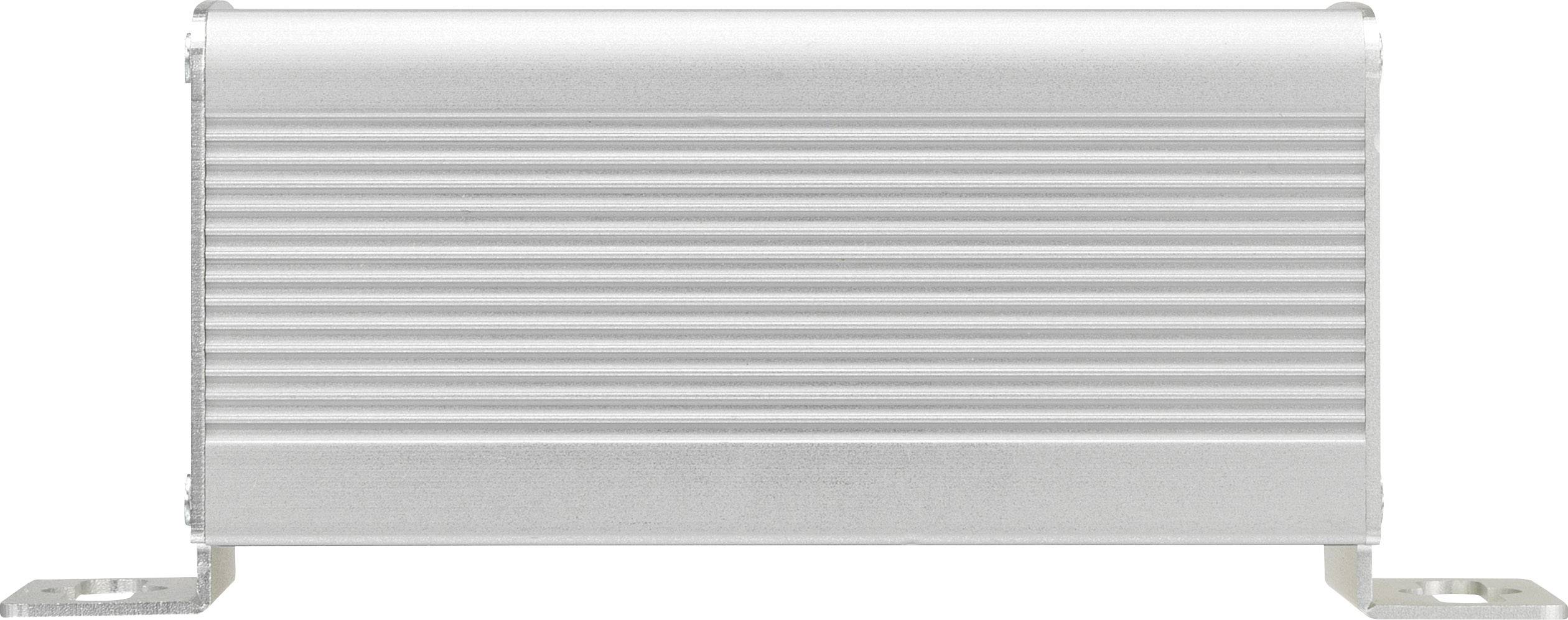 Een rechthoekig aluminium behuizing met groeven en bevestigingsoren aan de onderste hoeken, gebruikt voor elektronische componenten.
