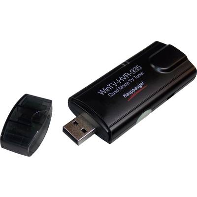 Een zwarte USB-tv-tuner met verwijderde kap. Opschrift op het apparaat: 'WinTV-HVR-935 Quad Mode TV Tuner'.