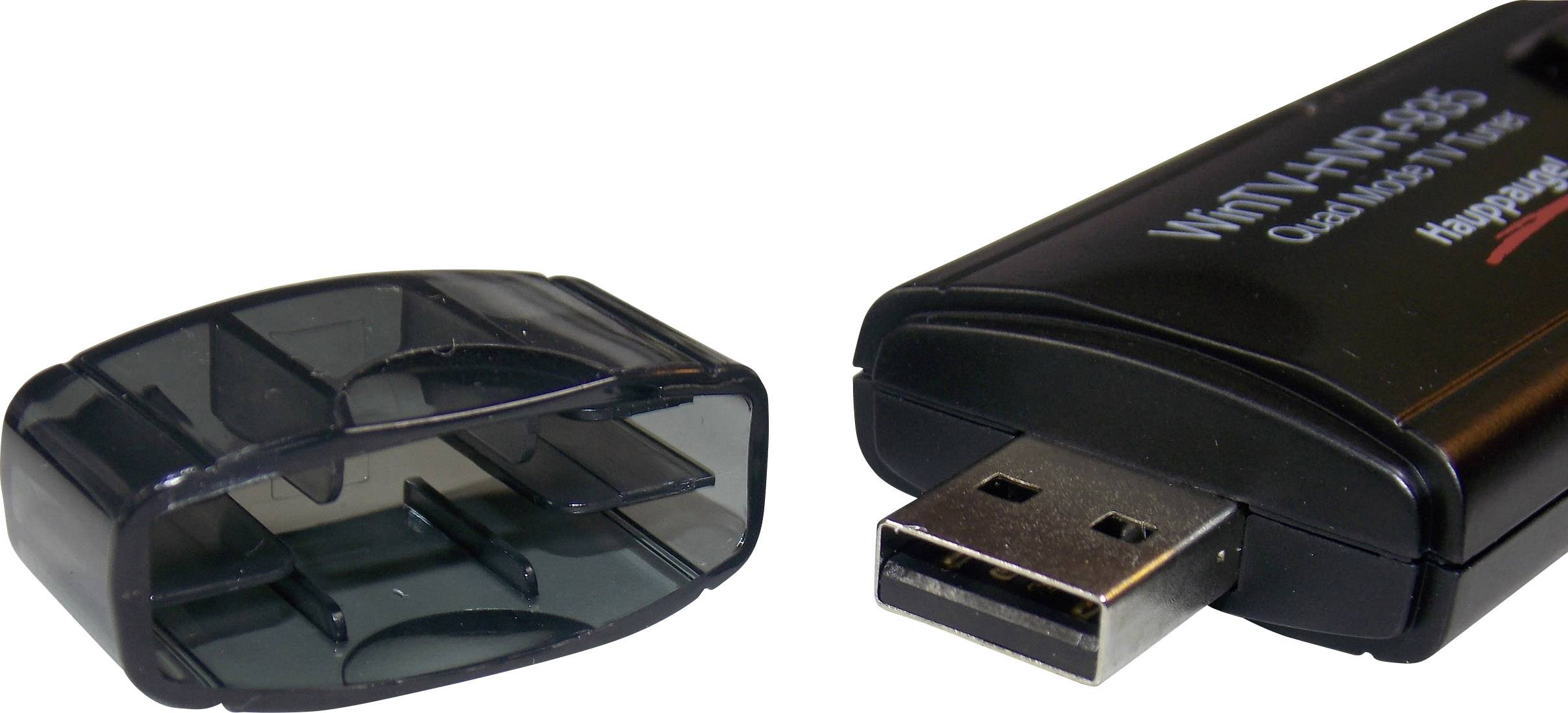 Een USB-stick-achtig, zwart apparaat met een afneembare deksel; mogelijk een tv-tuner of een vergelijkbaar elektronisch apparaat.
