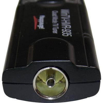 Digitale USB-tv-tuner met coaxaansluiting, modelaanduiding 'WinTV-HVR-935', van Hauppauge. Ontvangt HDTV op de computer.