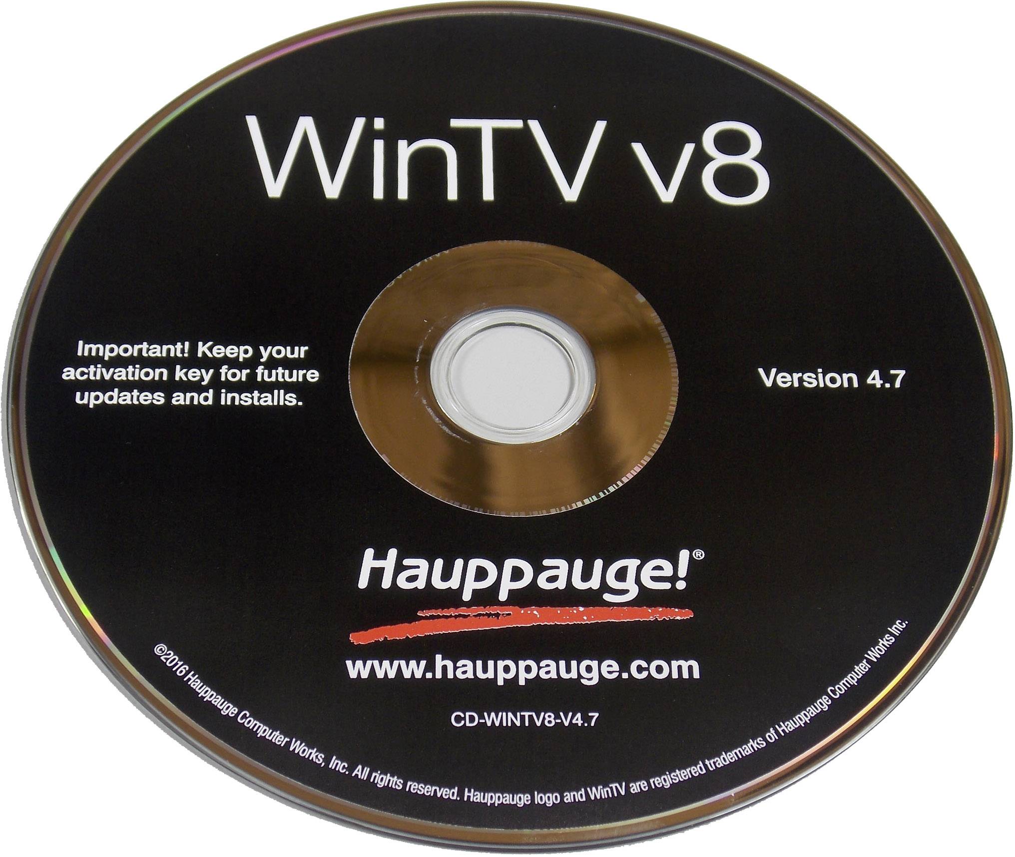 Een cd met het opschrift: 'WinTV v8, Versie 4.7'. Onderaan staat 'Hauppauge'. De tekst verzoekt om de activeringscode zorgvuldig te bewaren.