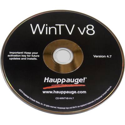 Een cd met het opschrift: 'WinTV v8, Versie 4.7'. Onderaan staat 'Hauppauge'. De tekst verzoekt om de activeringscode zorgvuldig te bewaren.
