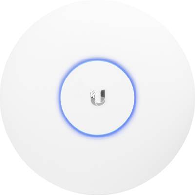 Witte WLAN-toegangspunt met een blauwe LED-ring en een grijs logo in het midden.