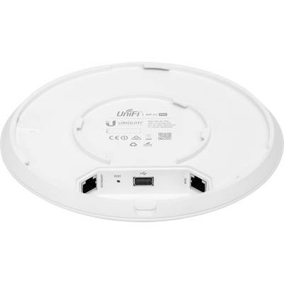 De achterkant van een Ubiquiti UniFi AP AC Pro Access Point met Ethernet-poorten, Reset-knop en fabrikembleem.