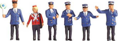 Zes figuren in uniformen die verschillende rollen bij de spoorwegen voorstellen, waaronder conducteurs, treinbestuurders en stationspersoneel.