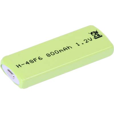 Een groene, cilindrische batterij met het opschrift 'H-48F6 800mAh 1.2V', met een gedrukt symbool rechtsboven.
