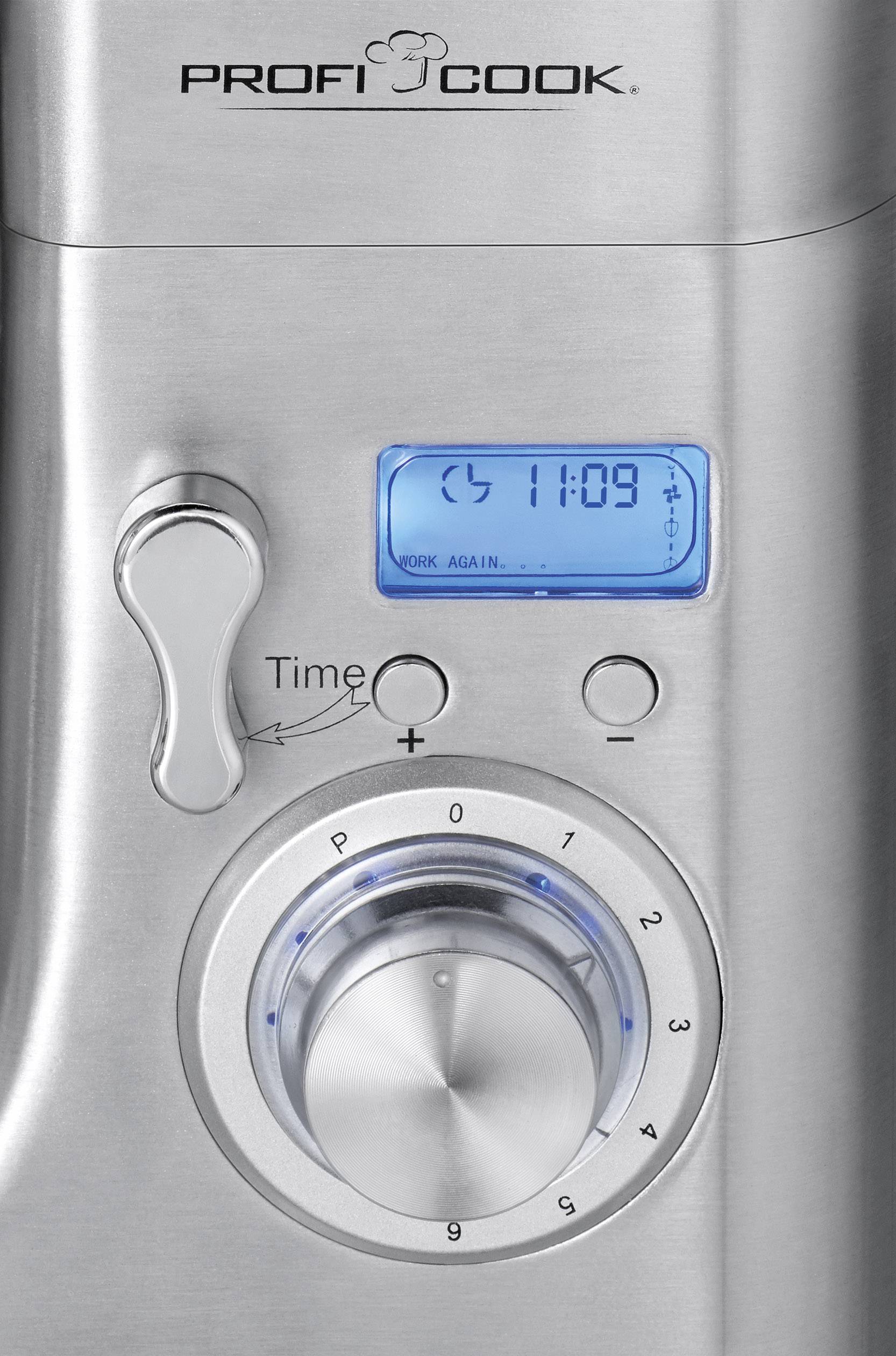 Close-up van een keukenmachine met een digitaal display dat '11:09' weergeeft en een grote draaiknop voor tijdsinstelling.