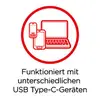 Een rood symbool toont smartphone, tablet en laptop. Daaronder staat: 'Werkt met verschillende USB Type-C-apparaten'.