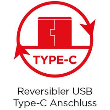 Een rood symbool toont een 'Type-C' aansluiting met een pijl. Eronder staat: 'Omkeerbare USB Type-C aansluiting'.