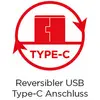 Een rood symbool toont een 'Type-C' aansluiting met een pijl. Eronder staat: 'Omkeerbare USB Type-C aansluiting'.