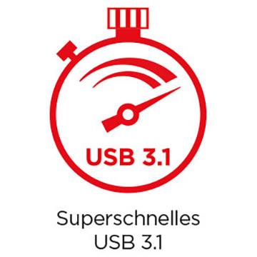 Illustratie van een rood stopwatch-symbool met de tekst 'USB 3.1'. Eronder staat 'Supersnelle USB 3.1', wat wijst op een hoge snelheid.