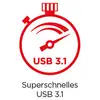 Illustratie van een rood stopwatch-symbool met de tekst 'USB 3.1'. Eronder staat 'Supersnelle USB 3.1', wat wijst op een hoge snelheid.