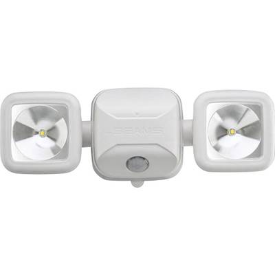 Dubbele LED-veiligheidslamp met bewegingssensor, geschikt voor buitengebruik.