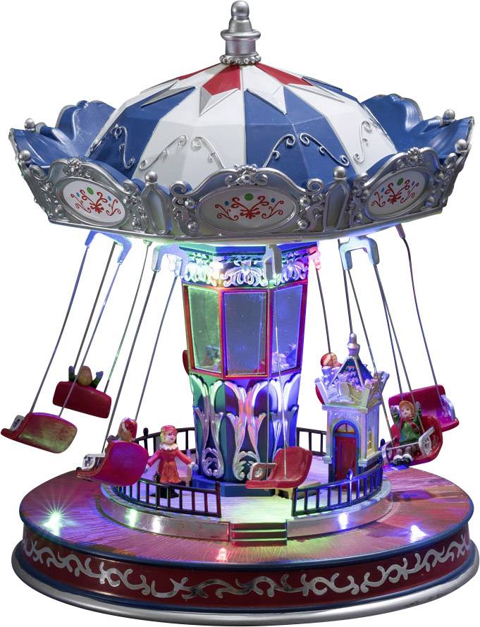 Speelgoed-carrousel met gekleurde lichtjes, figuren en decoraties op een draaibare basis, nostalgisch ontwerp.