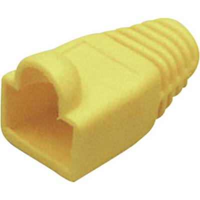 Gele kunststof afdekking voor RJ-45-stekkers, bedoeld ter bescherming en ontlasting van netwerkkabels.