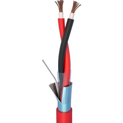 Een doorsnede van een elektrische kabel met meerdere, verschillend gekleurde aders en afschermingen wordt getoond.