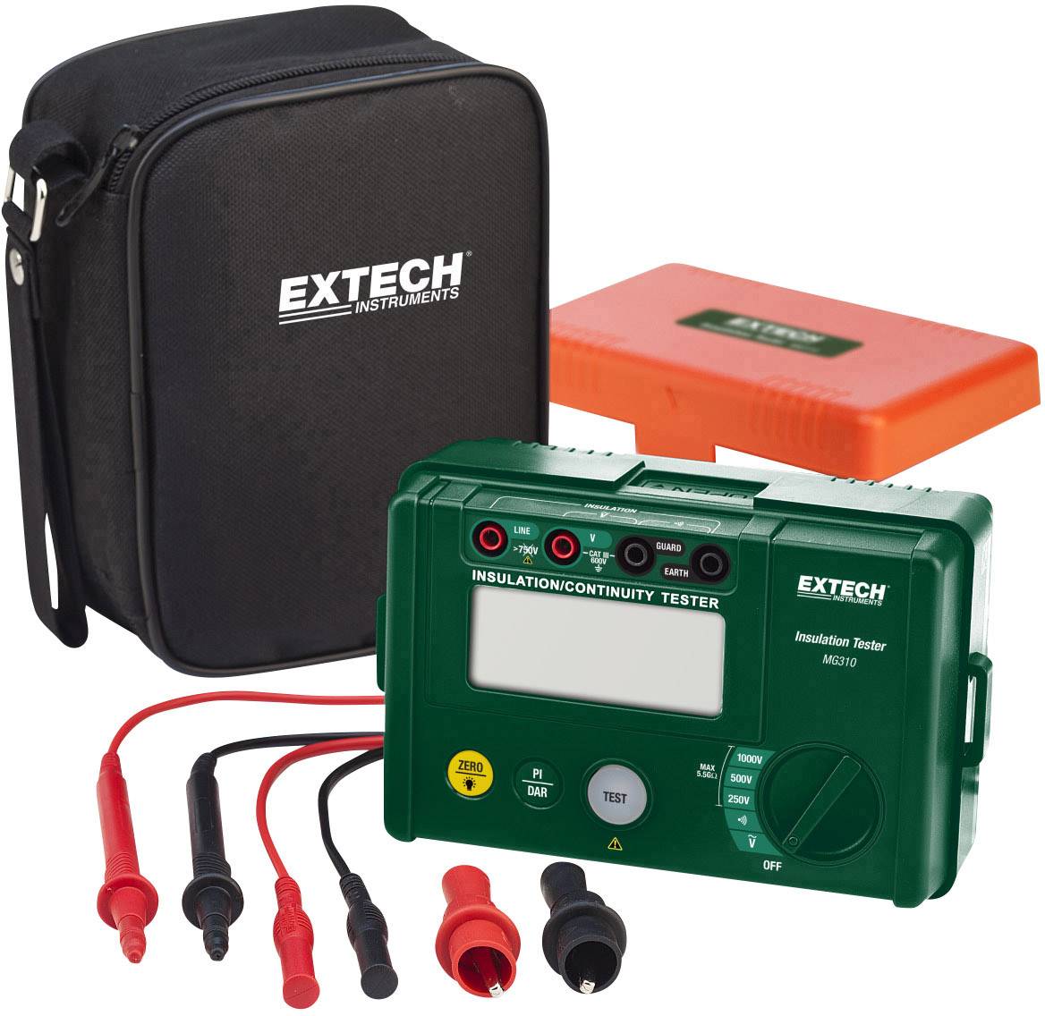 Een groene isolatiemeter van Extech met meerdere kabels ligt naast een zwarte draagtas en een rode doos.