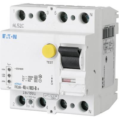 Een FI-beschermingsschakelaar van Eaton, model FRCdM-40/4/003-B+. Hij heeft een gele testknop en is ontworpen voor 230/400V.