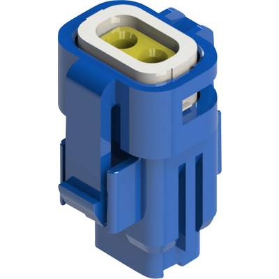 Blauwe, rechthoekige stekker met twee gele contacten, geschikt voor elektrische verbindingen in technische toepassingen.