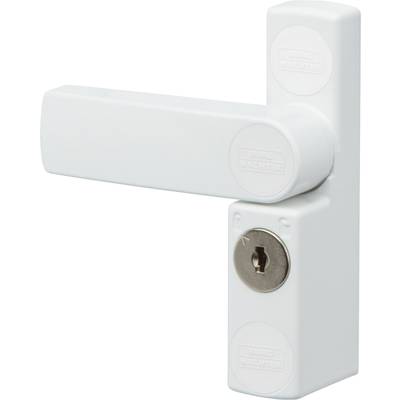 Een witte veiligheidsraamgreep met ingebouwd slot, geschikt voor bescherming tegen inbraken.