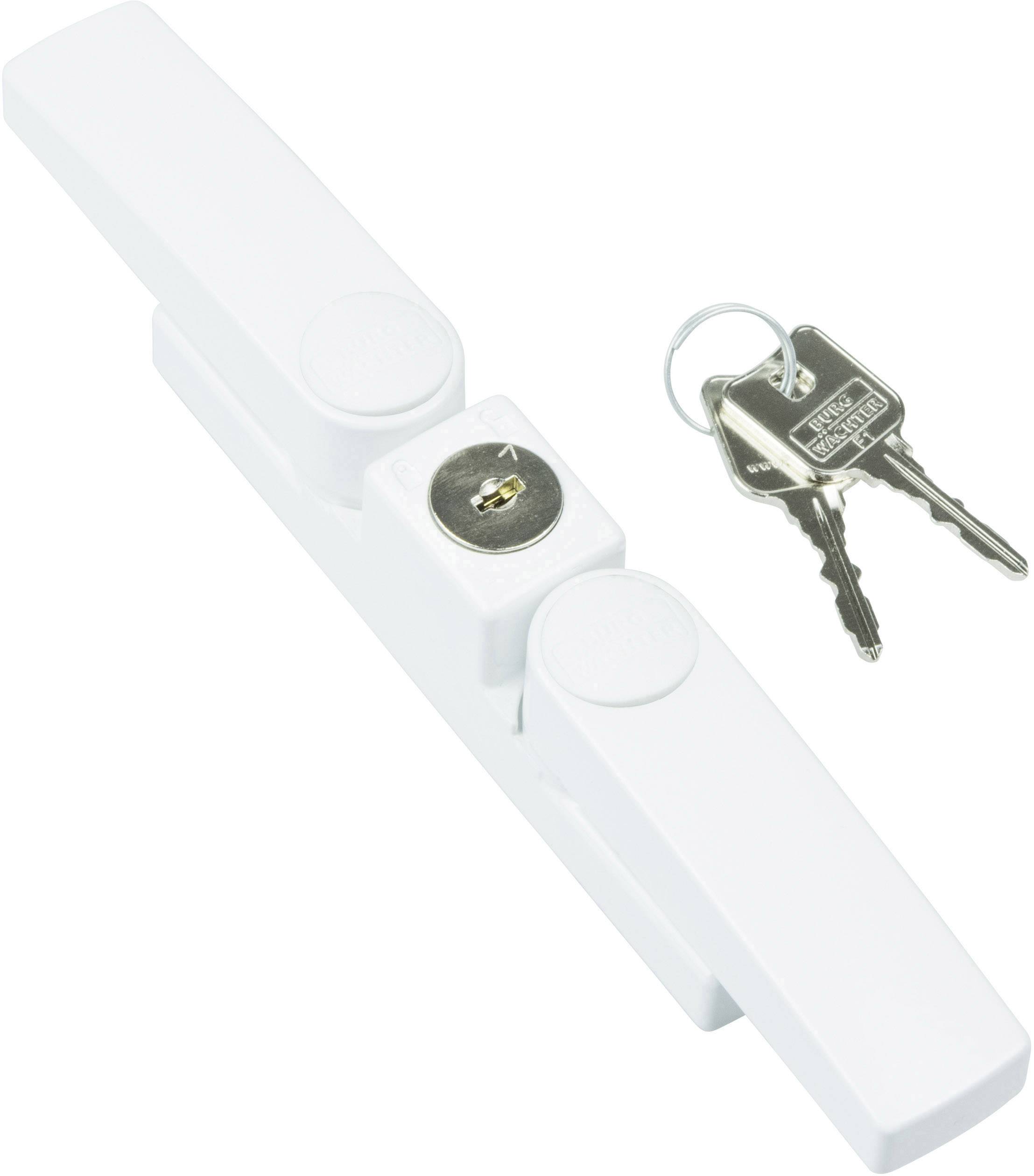 Een wit veiligheidsdeurslot met een rond sleutelgat in het midden, met daarnaast twee zilveren sleutels.
