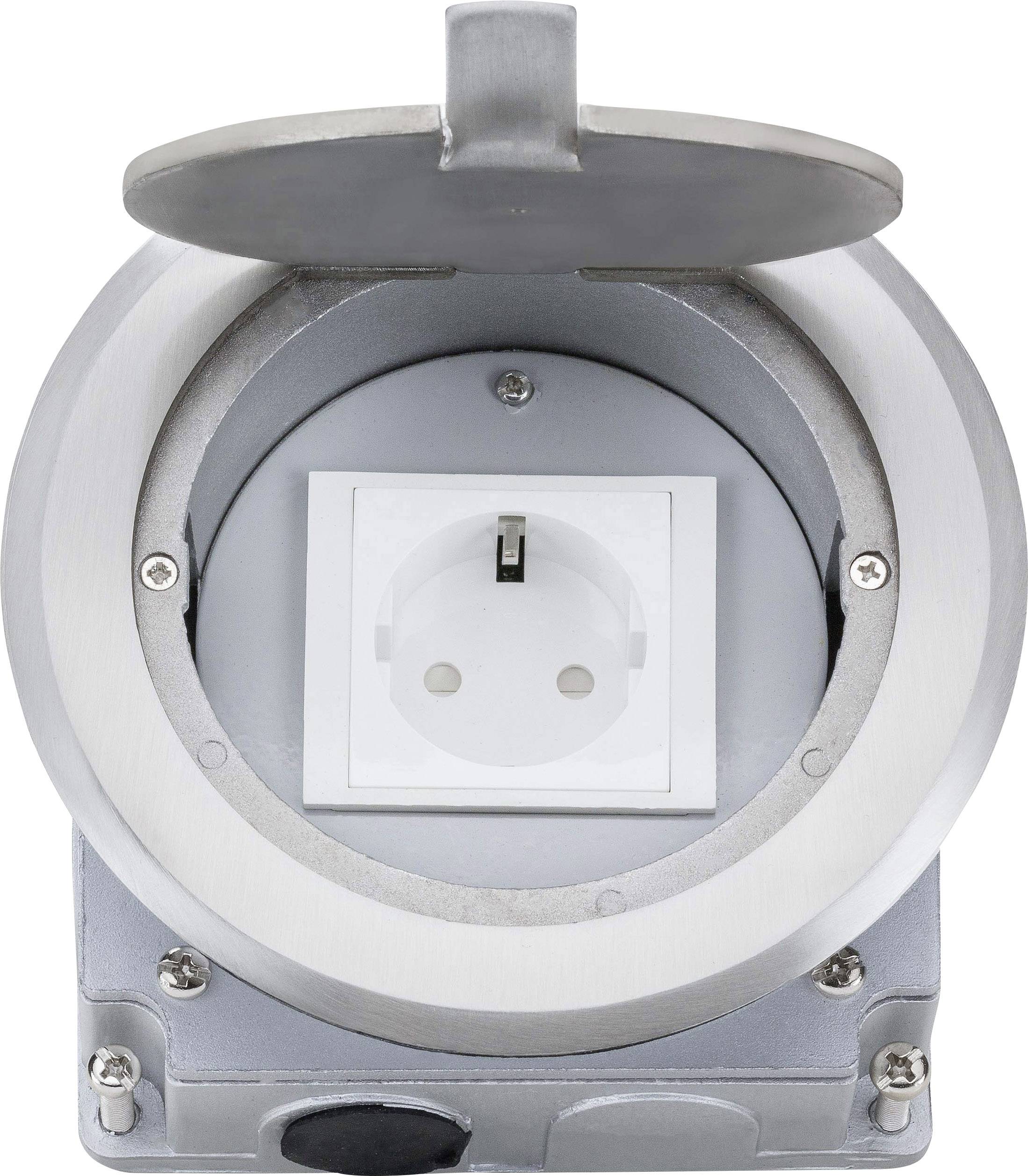 Ronde metalen wandcontactdoos met geopende afdekplaat, gefotografeerd van voren.