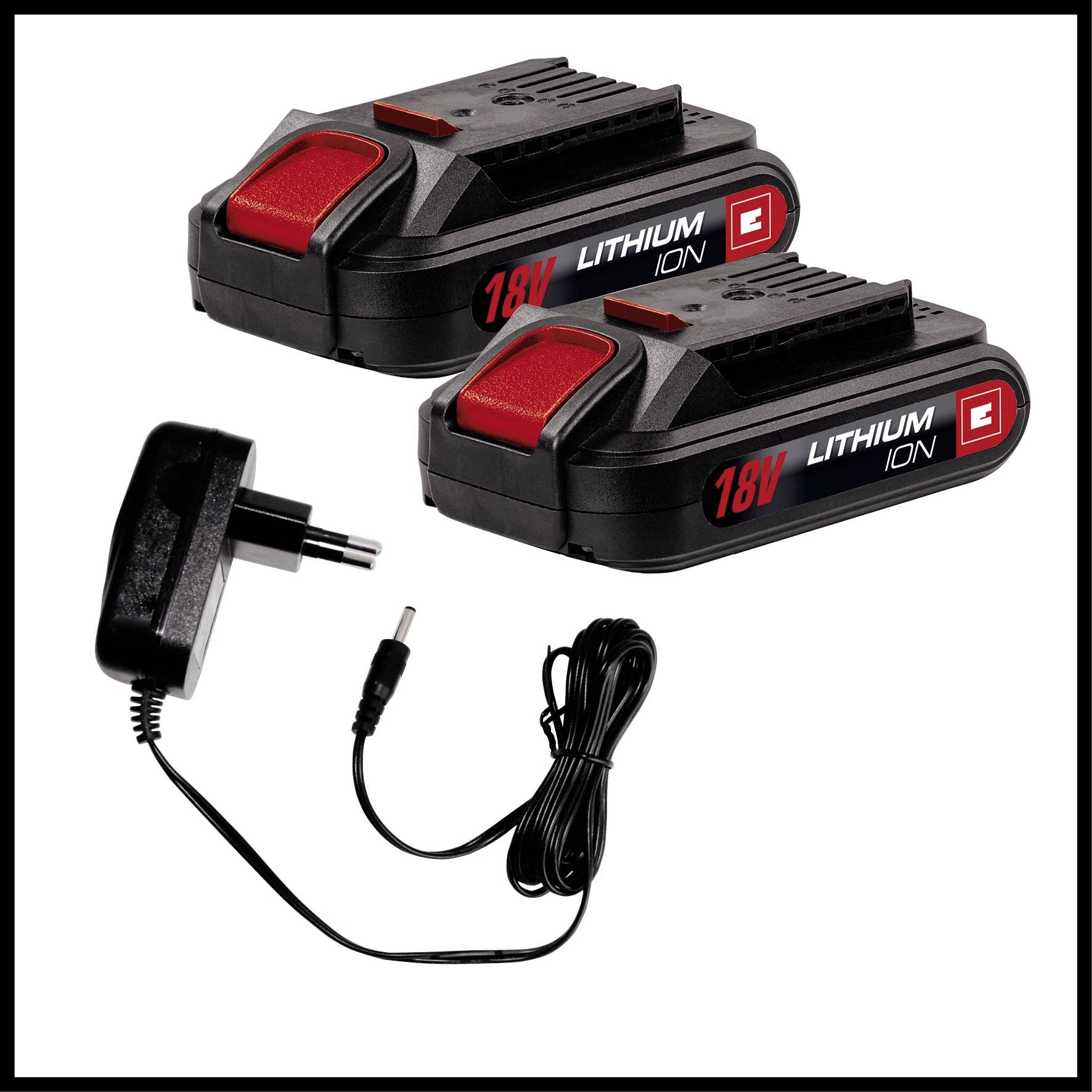 Twee zwarte 18V lithium-ion accu's met rode details en een oplader met kabel. Geschikt voor elektrisch gereedschap.