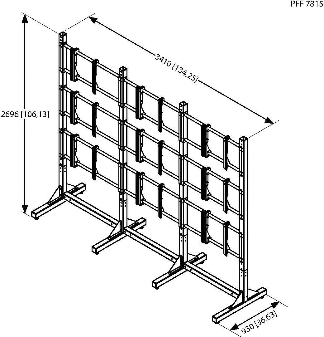 Structuur met meerdere rijen en kolommen voor het monteren van beeldschermen. Afmetingen zijn 2696 x 3410 x 930 mm. Rechtsboven staat 'PFF 7815'.