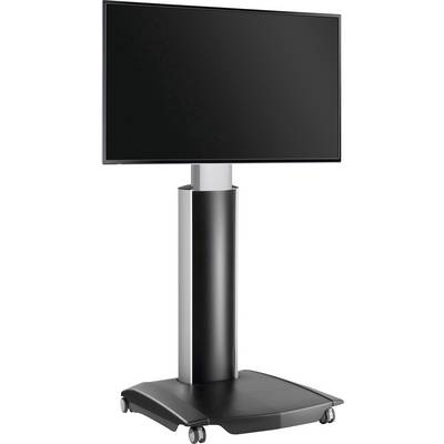 Een zwart flatscreen-scherm op een zilveren, in hoogte verstelbare standaard met vier wielen.