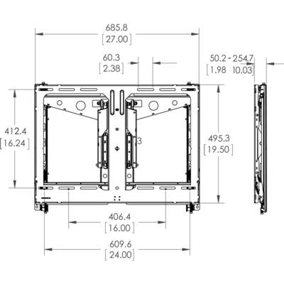 Metalen bevestiging met afmetingen: breedte 685,8 mm, hoogte 495,3 mm en diepte 60,3 mm. Zes montageboorgaten zichtbaar.