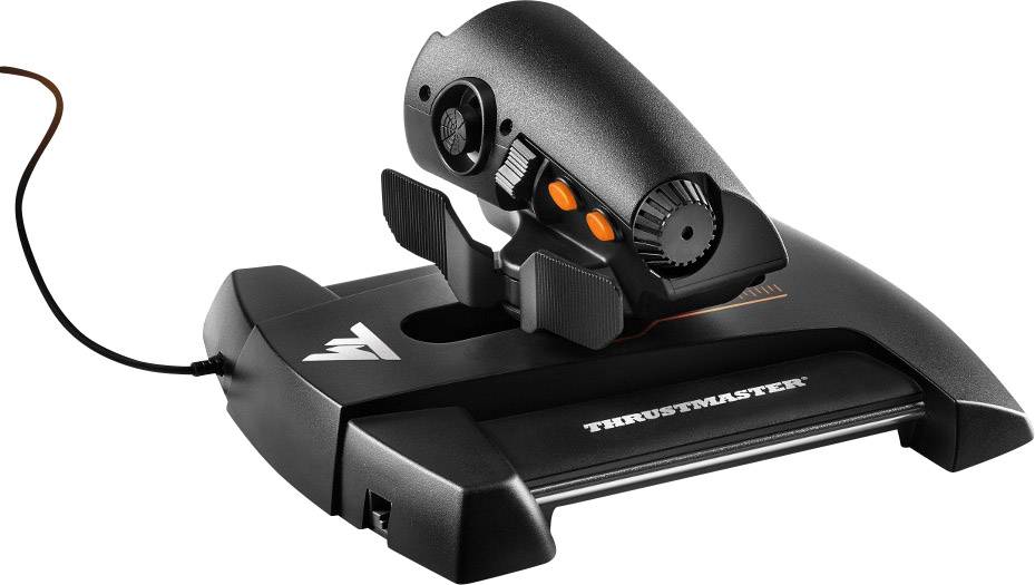 Zwarte handrem met een ergonomische greep, Thrustmaster-logo op de basis, kabel aan de linkerzijde. Geschikt voor racesimulators.
