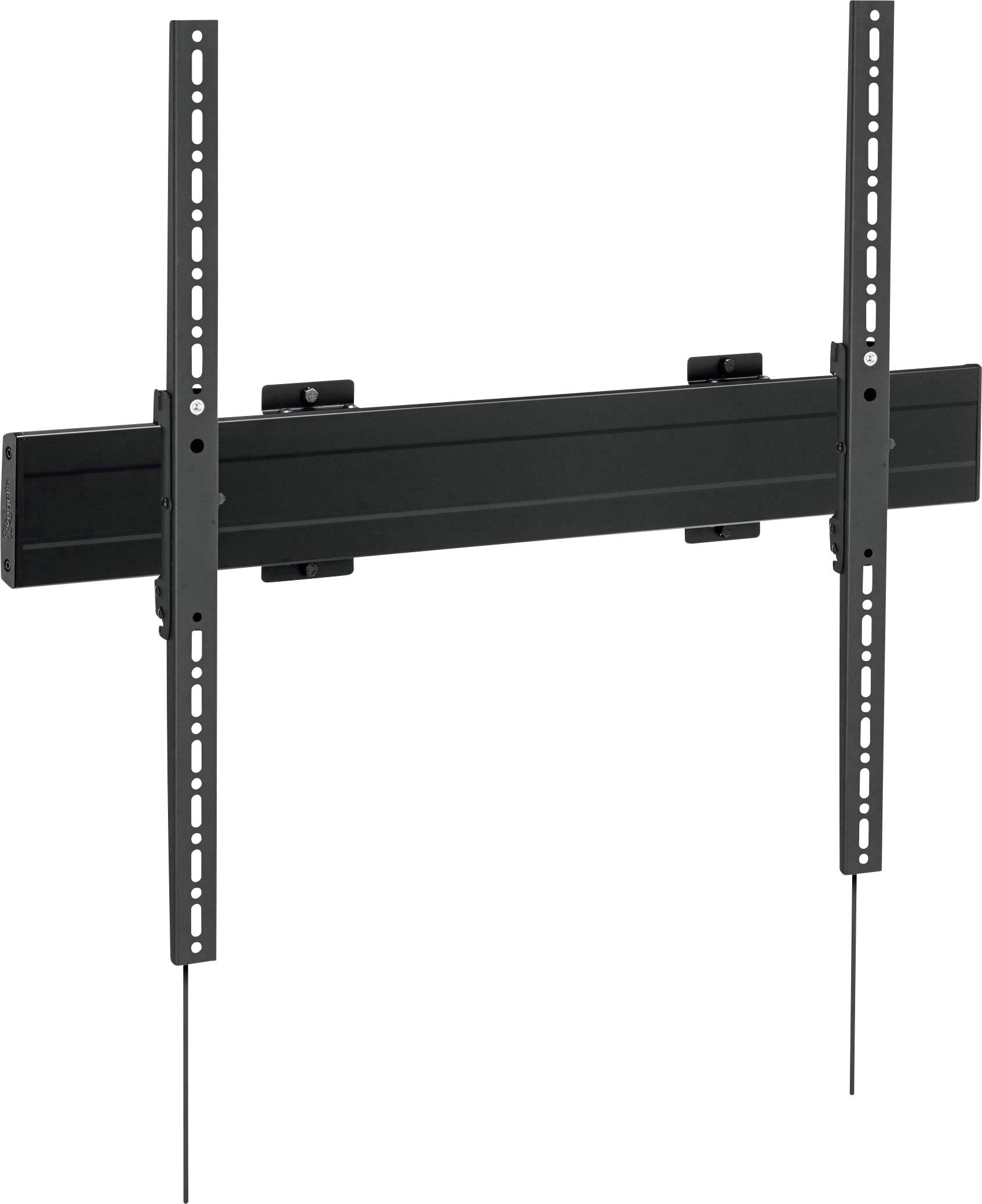 Een zwarte TV-wandbeugel van metaal, geschikt voor flatscreens, met verstelbare verticale steunen voor aanpassing.