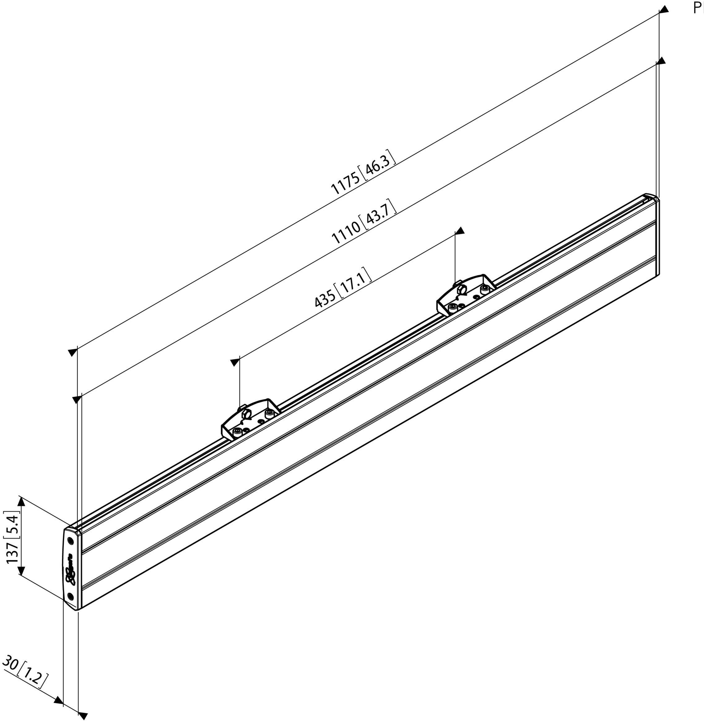 Technische tekening van een rechthoekig metalen profiel met afmetingen: lengte 1175 mm, breedte 30 mm, hoogte 137 mm. Twee bevestigingspunten zichtbaar.